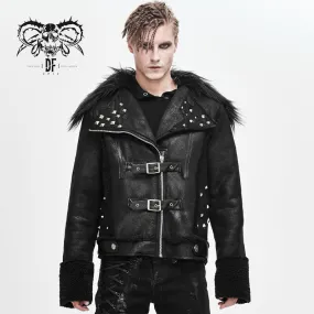 CT142 decadent punk warm spiked fur collar men wool short jacket with loops