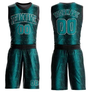 Custom Black Teal-White Animal Fur Print Round Neck Sublimation Basketball Suit Jersey