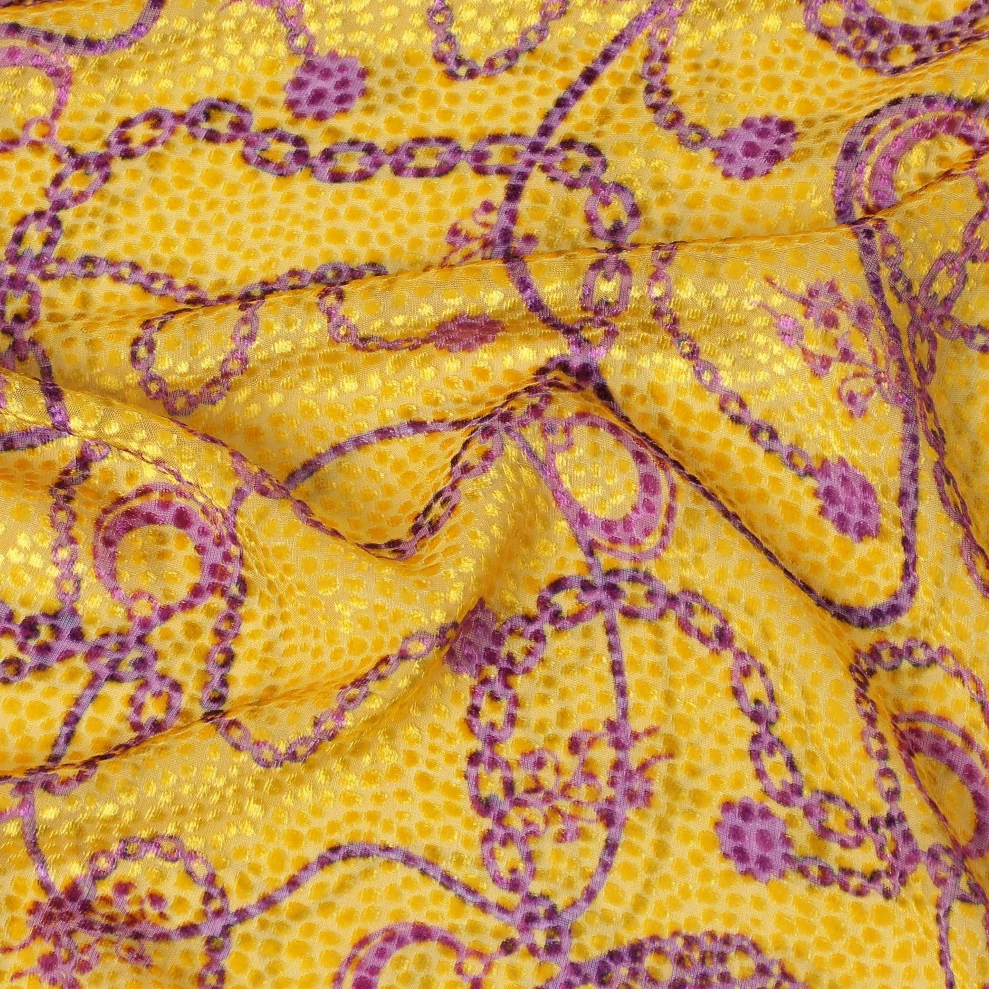 Cyber yellow Premium pure Italian silk blended burnout velvet fabric with magenta purple print in fancy design-D13840