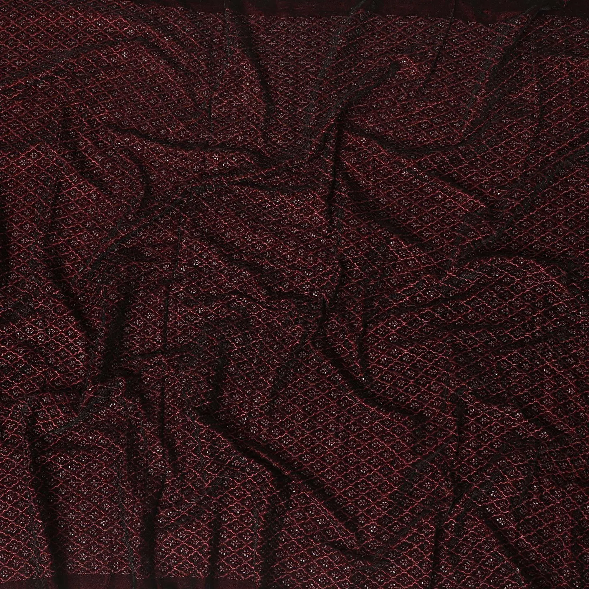 Dark maroon premium pure silk blended velvet same tone embroidery having sequins in fancy design-D13669