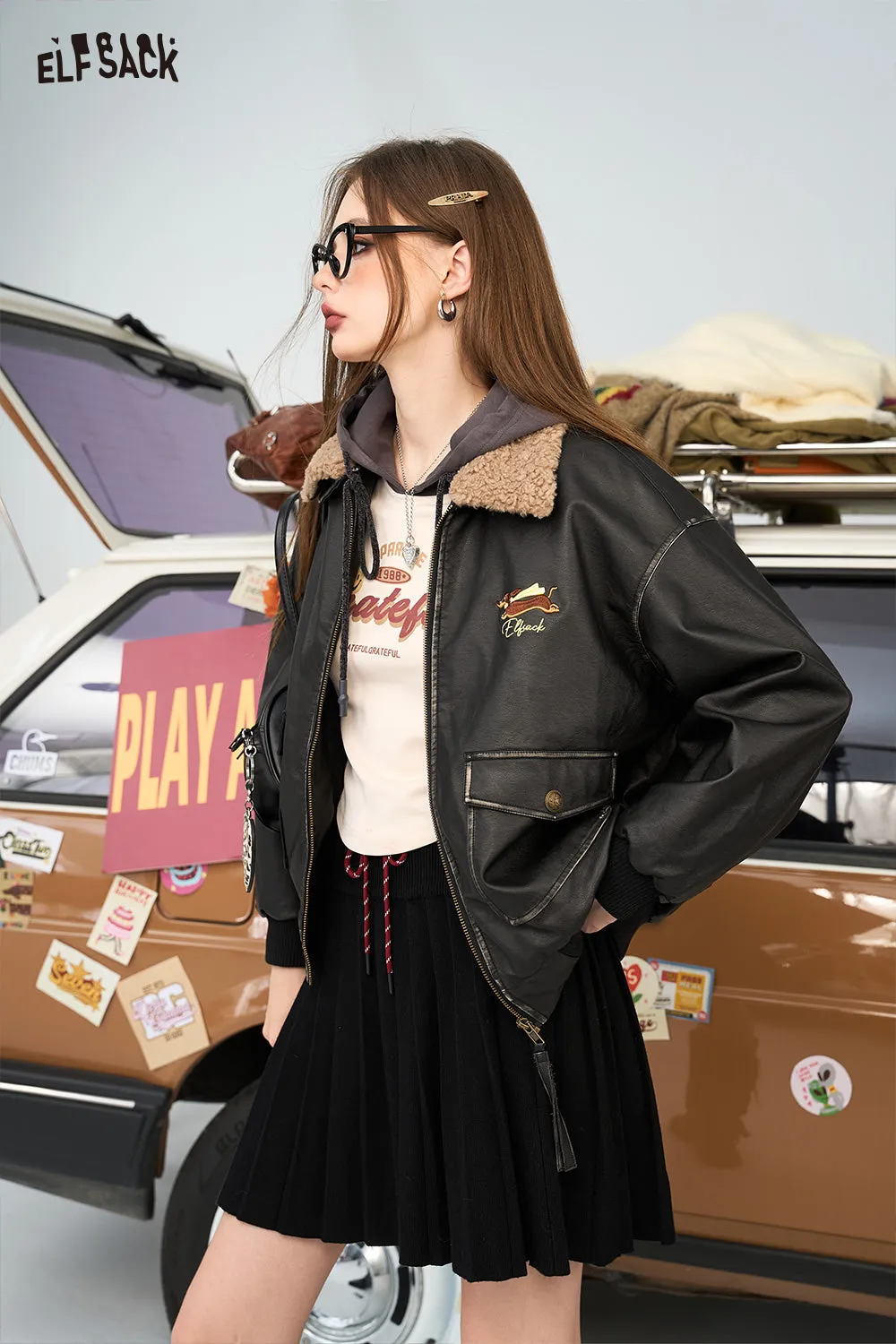 ELFSACK 2024 Winter New Arrivals Dog embroidery retro street black PU leather jacket for women