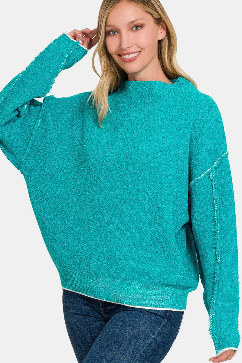 Exposed Seam Long Sleeve Teal Mock Sweater