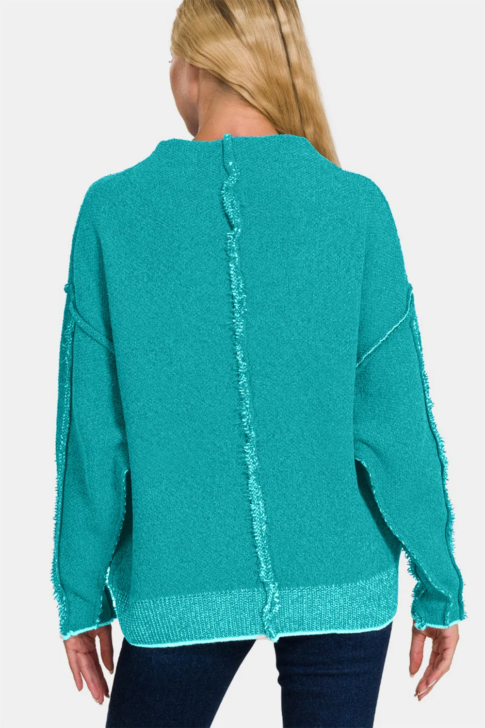 Exposed Seam Long Sleeve Teal Mock Sweater