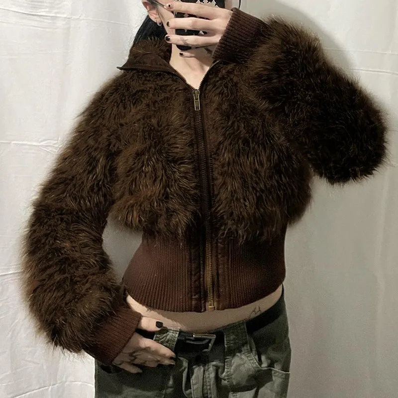 Fashionkova 2000s fashion American-Style Retro Brown Fur Lapel Zipper Short Coat Hot Girl Street Waist Slimming Warm Jacket