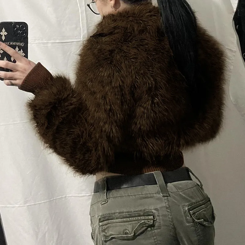 Fashionkova 2000s fashion American-Style Retro Brown Fur Lapel Zipper Short Coat Hot Girl Street Waist Slimming Warm Jacket