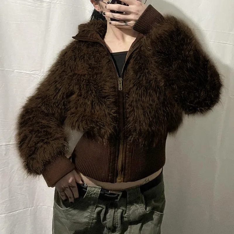 Fashionkova 2000s fashion American-Style Retro Brown Fur Lapel Zipper Short Coat Hot Girl Street Waist Slimming Warm Jacket