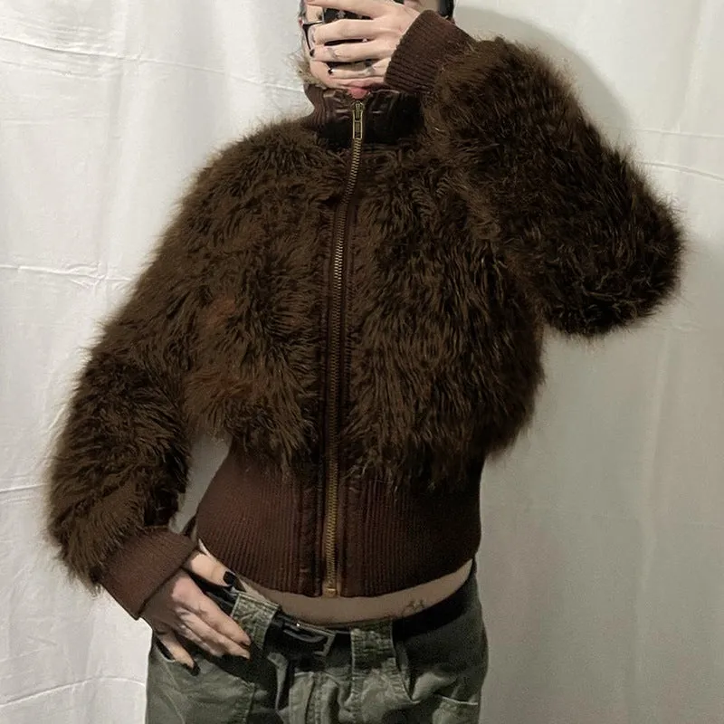 Fashionkova 2000s fashion American-Style Retro Brown Fur Lapel Zipper Short Coat Hot Girl Street Waist Slimming Warm Jacket