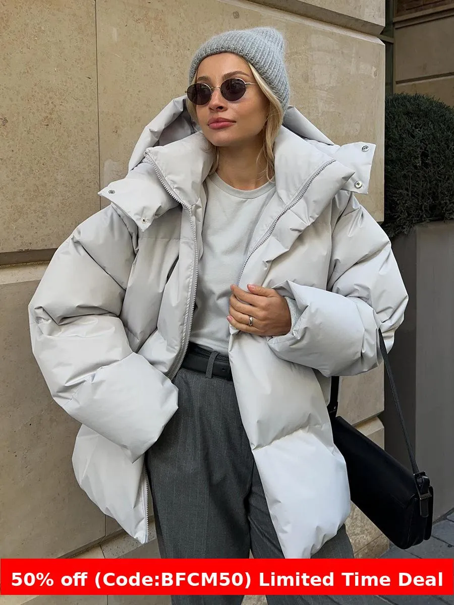 Fashionkova winter football game outfit Cotton-Padded Jacket Women's Cotton-Padded Jacket Loose Cotton-Padded Jacket Solid Color Hooded Cotton-Padded Jacket 2024 Winter