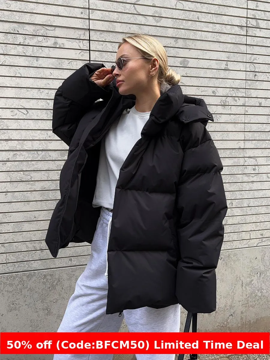 Fashionkova winter football game outfit Cotton-Padded Jacket Women's Cotton-Padded Jacket Loose Cotton-Padded Jacket Solid Color Hooded Cotton-Padded Jacket 2024 Winter