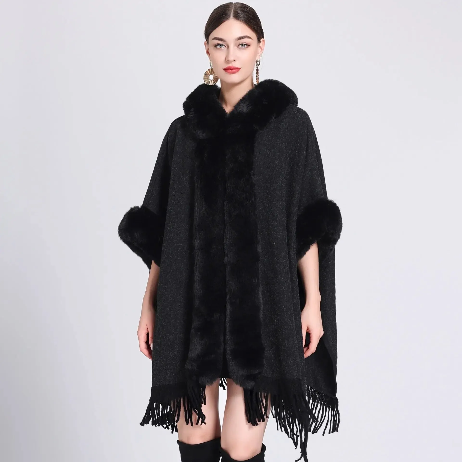 Faux rabbit fur collar hooded cape