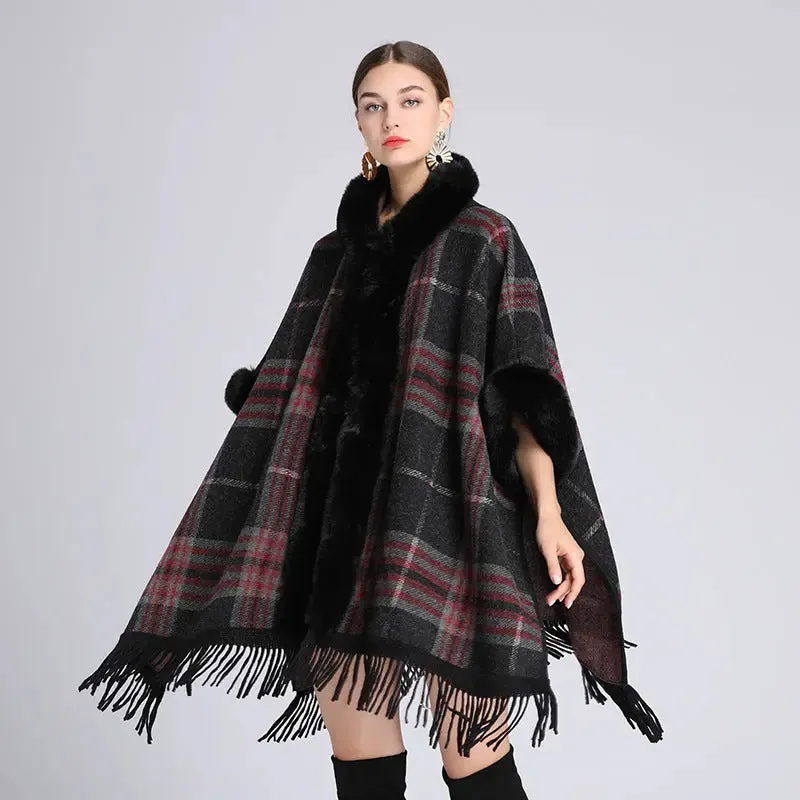 Faux rabbit fur collar hooded cape