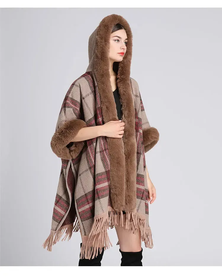 Faux rabbit fur collar hooded cape