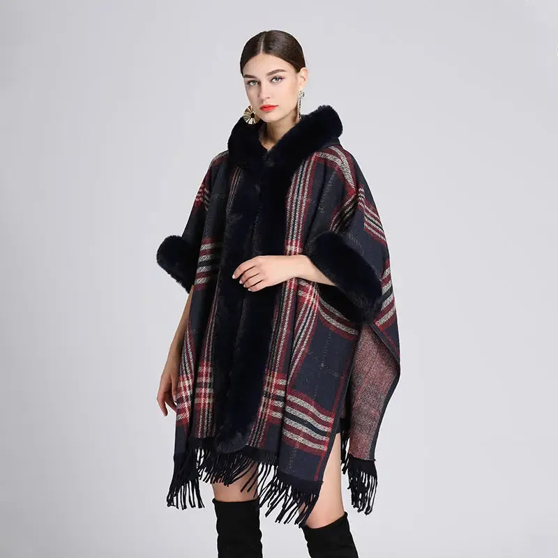 Faux rabbit fur collar hooded cape