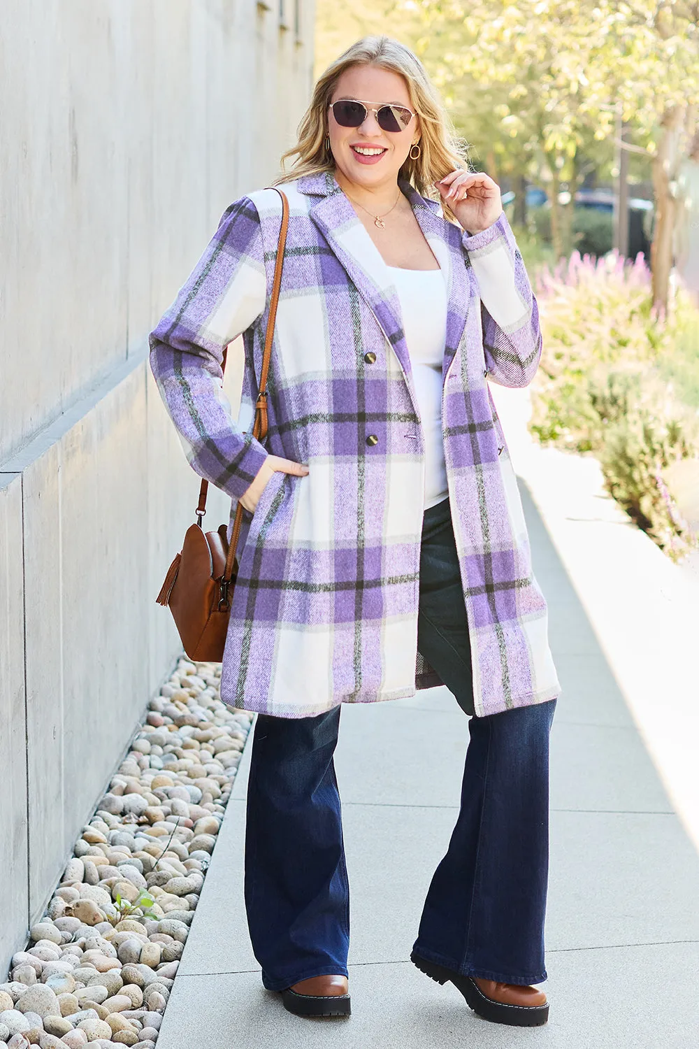 Full Size Plaid Button Up Lapel Collar Coat Sizes S - XXL