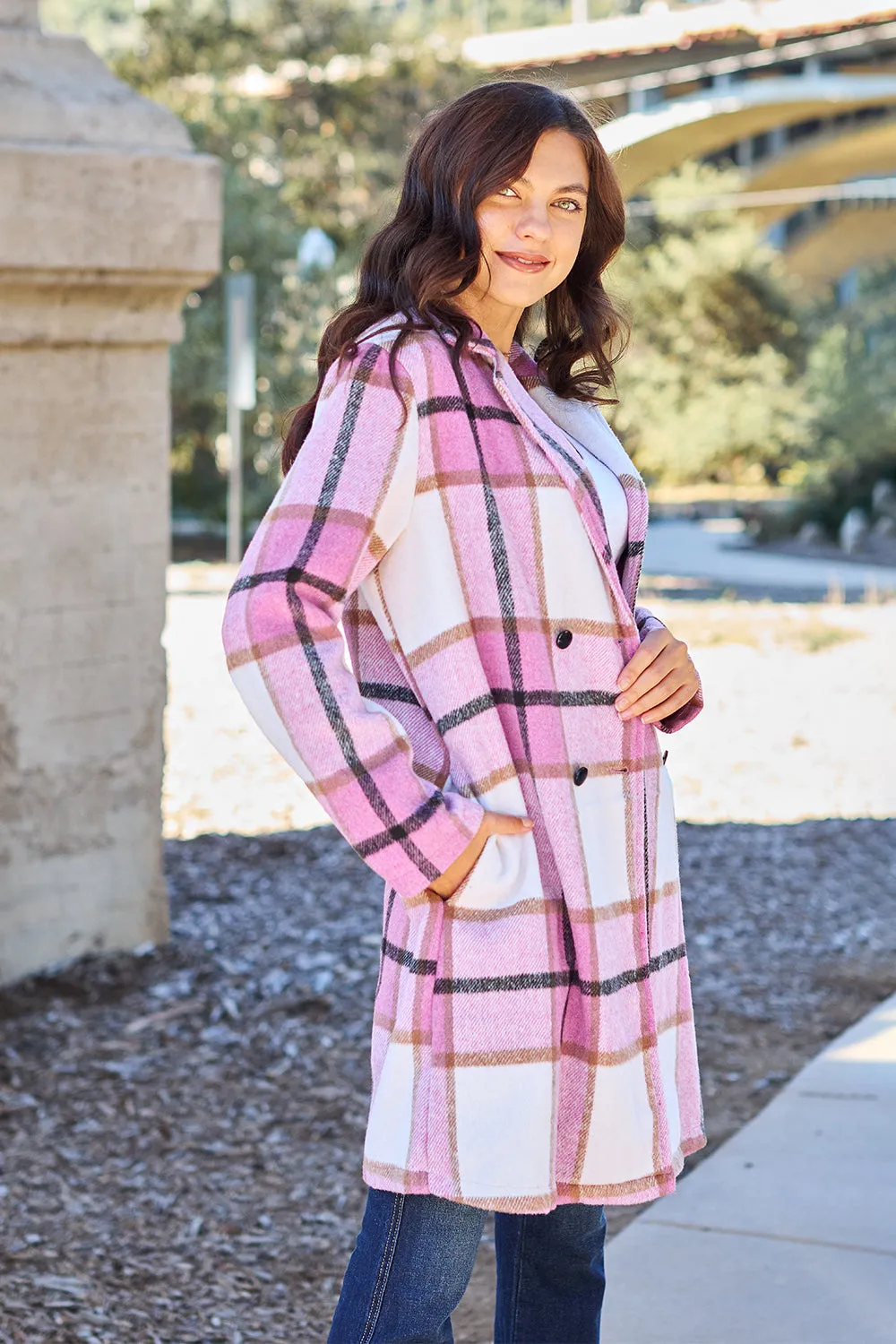 Full Size Plaid Button Up Lapel Collar Coat Sizes S - XXL