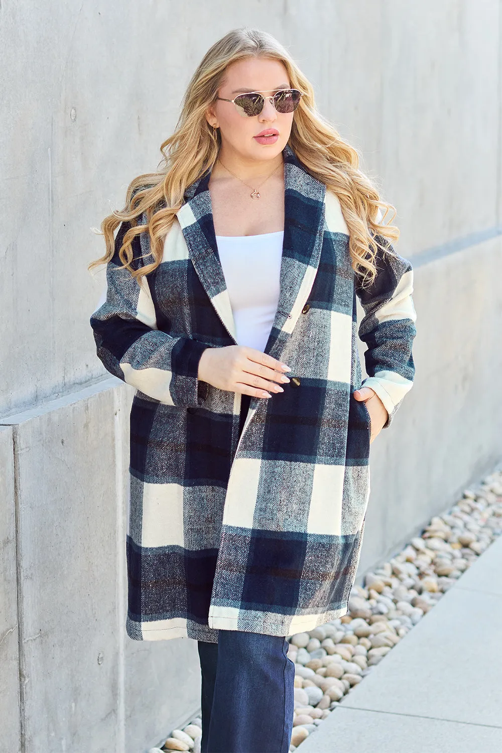 Full Size Plaid Button Up Lapel Collar Coat Sizes S - XXL