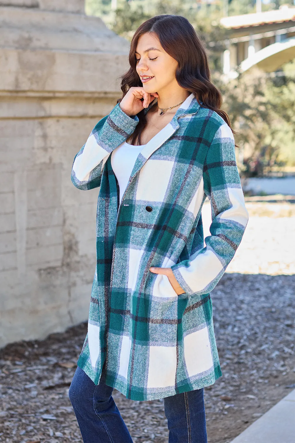 Full Size Plaid Button Up Lapel Collar Coat Sizes S - XXL