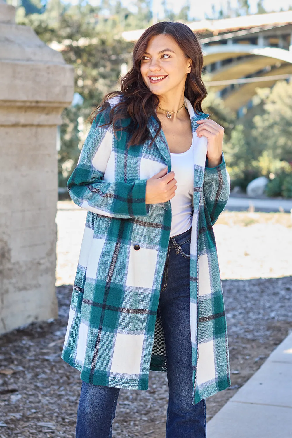 Full Size Plaid Button Up Lapel Collar Coat Sizes S - XXL