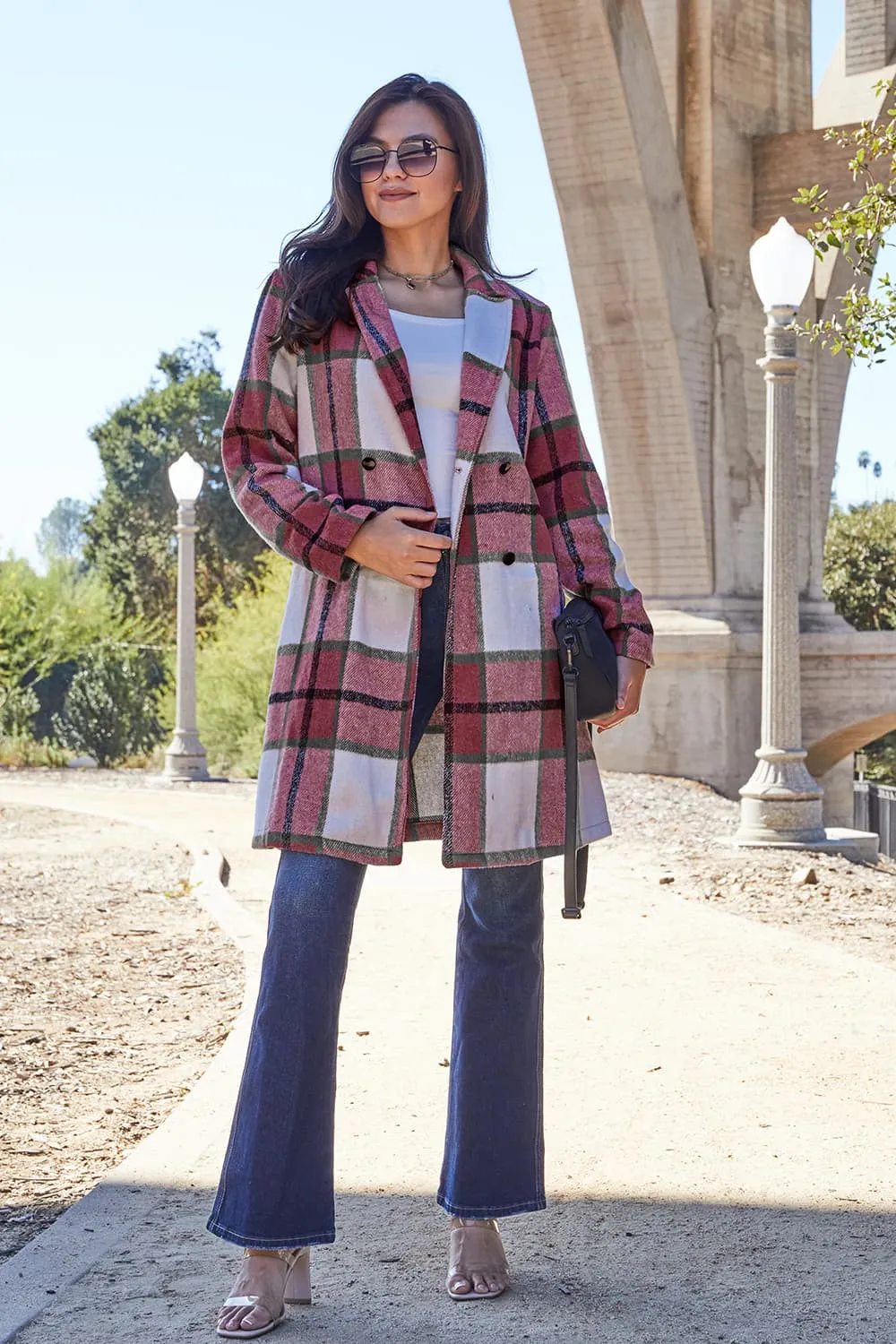 Full Size Plaid Button Up Lapel Collar Coat Sizes S - XXL