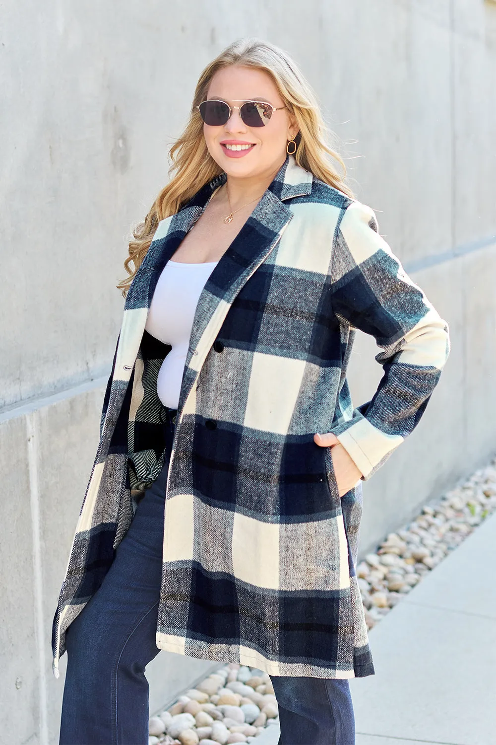 Full Size Plaid Button Up Lapel Collar Coat Sizes S - XXL