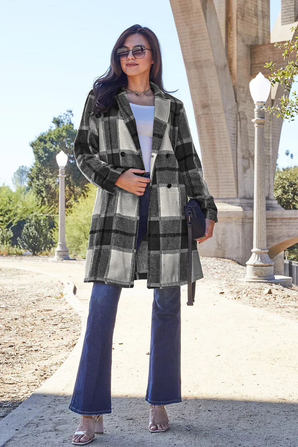 Full Size Plaid Button Up Lapel Collar Coat Sizes S - XXL