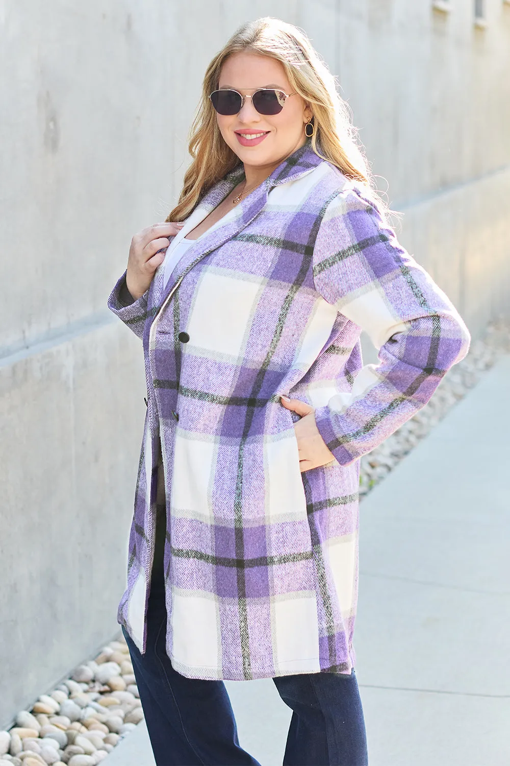 Full Size Plaid Button Up Lapel Collar Coat Sizes S - XXL