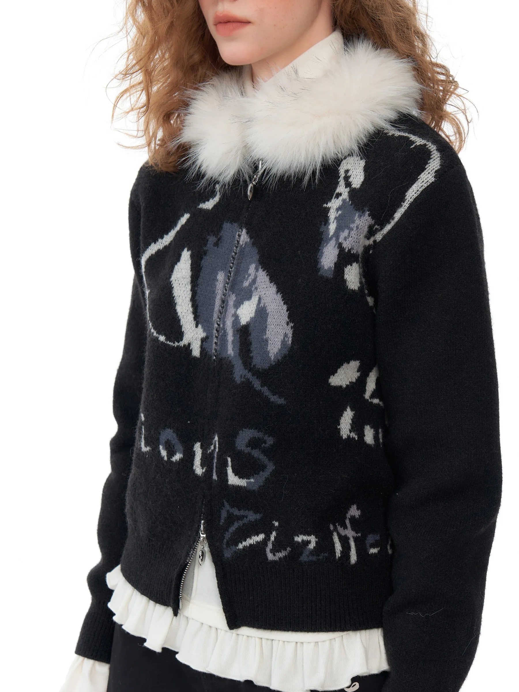 Fur Collar Graphic Knit Cardigan