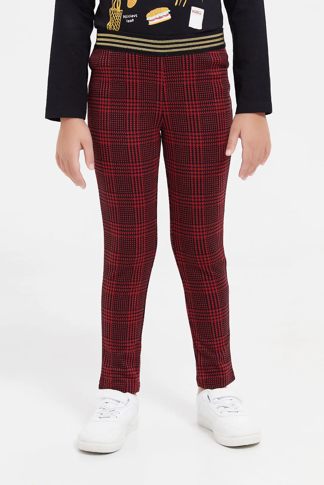 Girls Burgundy Check Leggings