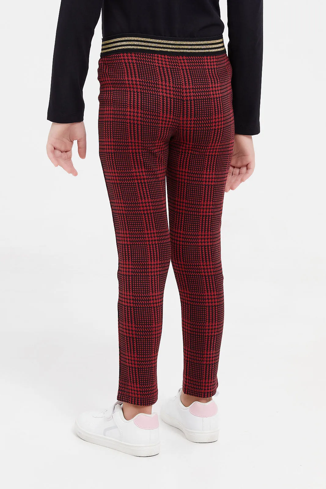 Girls Burgundy Check Leggings