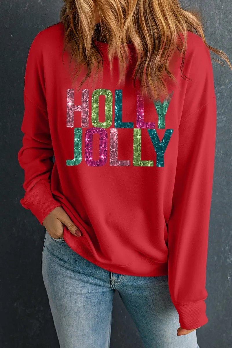 Glittering "HOLLY JOLLY" Christmas Sweatshirt