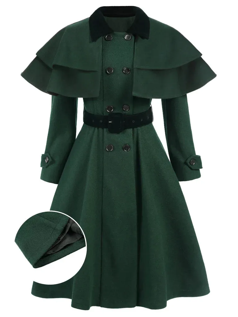 Green 1930s Double-Breasted Belted Coat With Cape