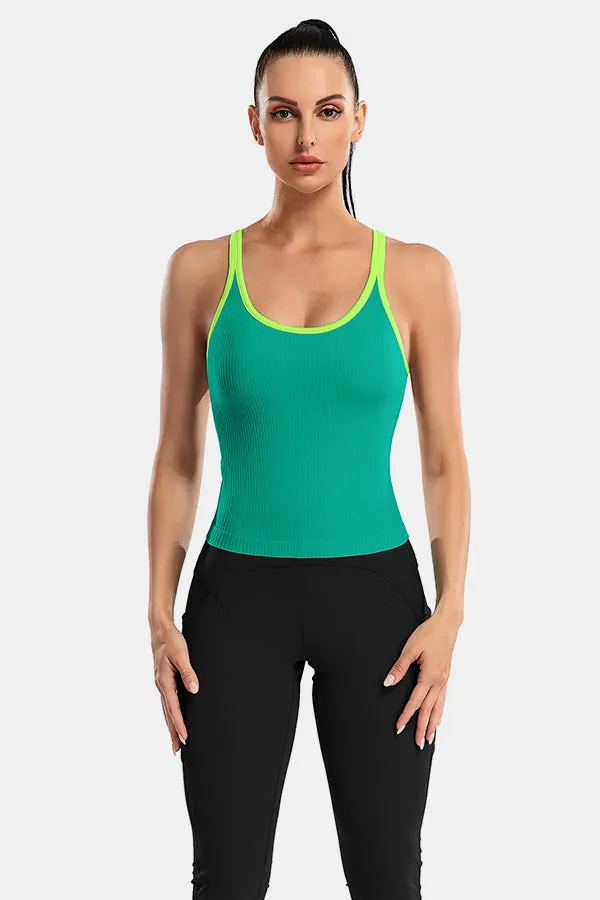 Green Scoop Neck Racerback Waist Length Ribbed Workout Crop Tops Tank Top