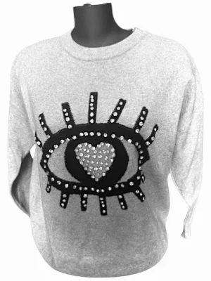 GREY EYE LASH BLING SWEATER