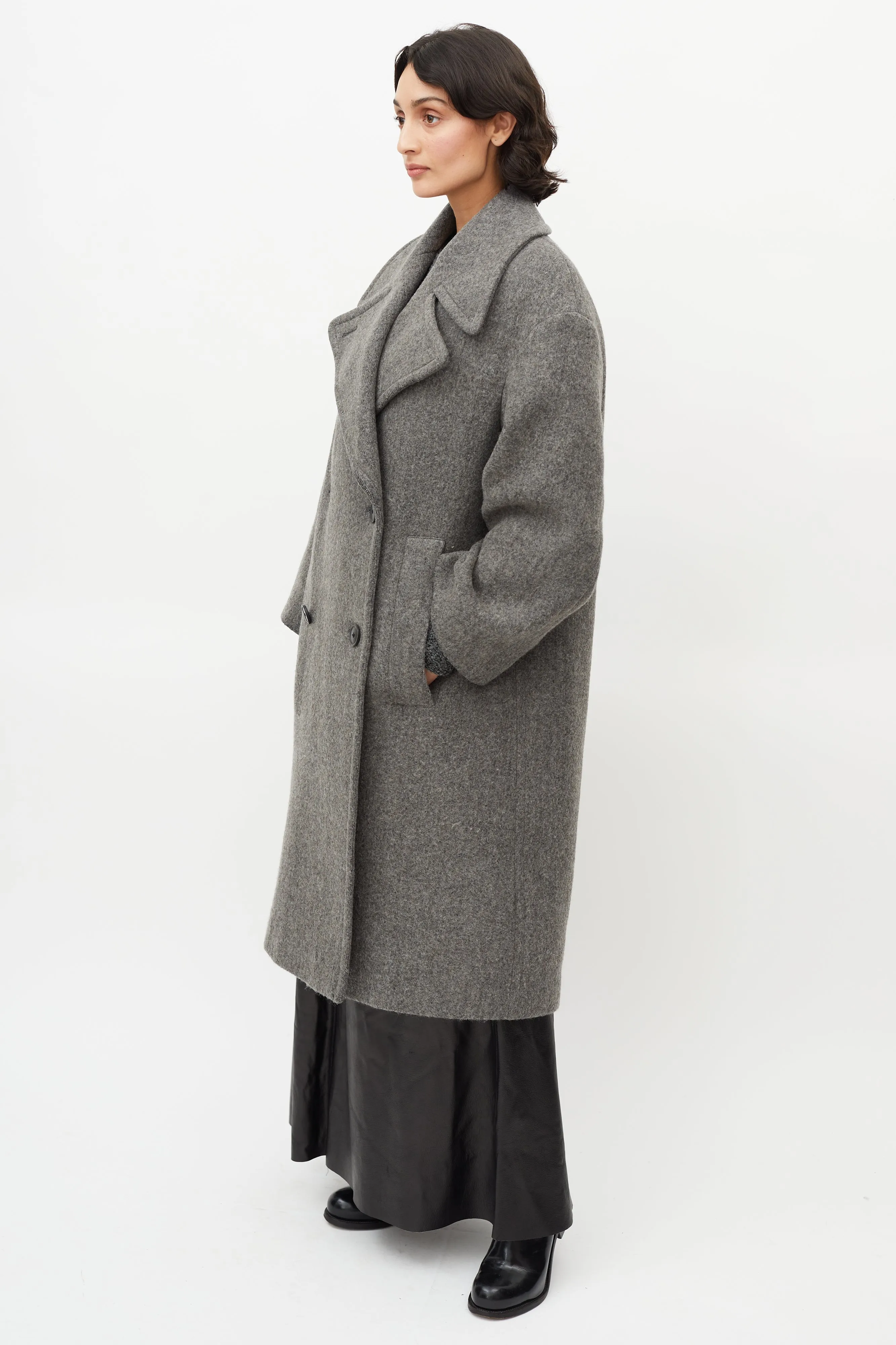 Grey Oversized Wool Double Breasted Coat