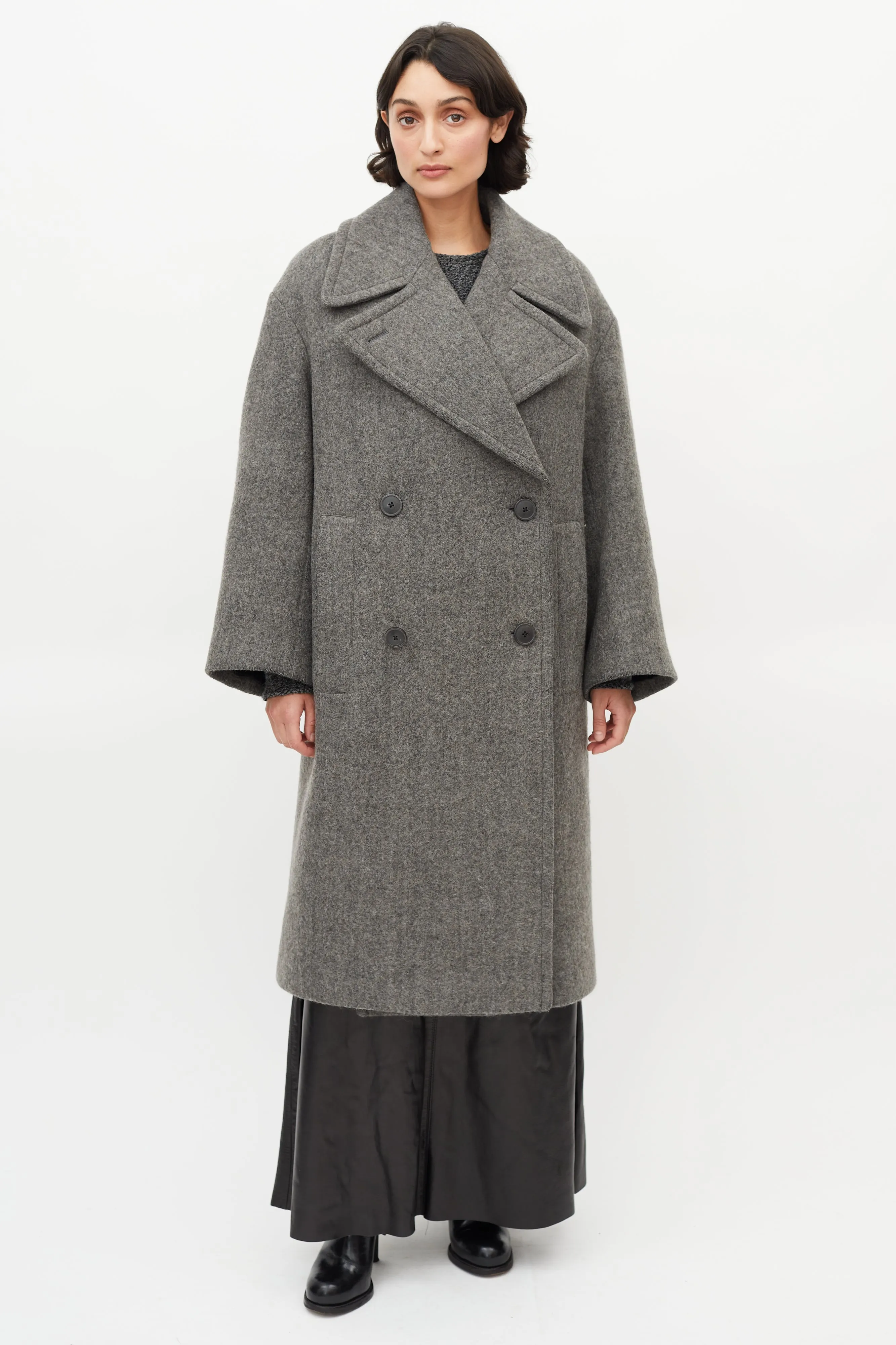 Grey Oversized Wool Double Breasted Coat