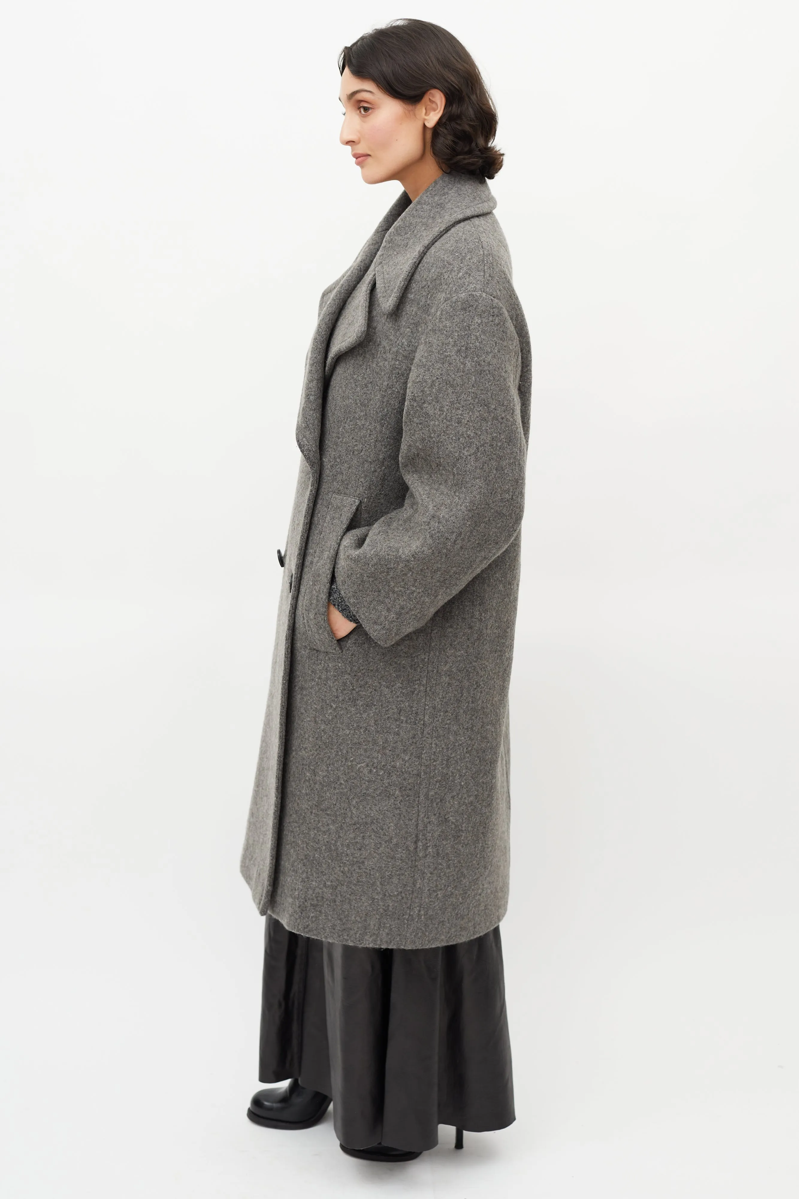 Grey Oversized Wool Double Breasted Coat