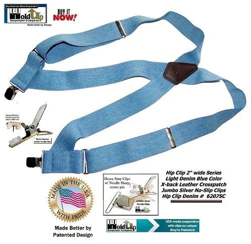 Holdup Brand Light Blue Denim Trucker Style 2" Wide Hipclip Suspenders with Patented Jumbo No-slip Clips