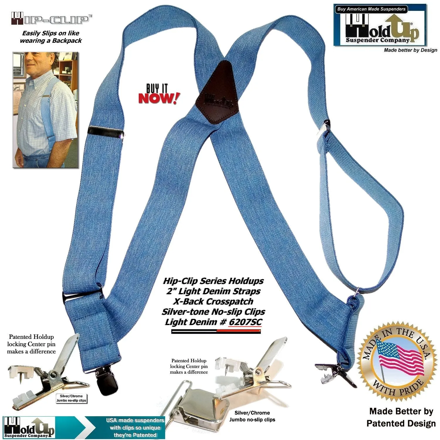 Holdup Brand Light Blue Denim Trucker Style 2" Wide Hipclip Suspenders with Patented Jumbo No-slip Clips