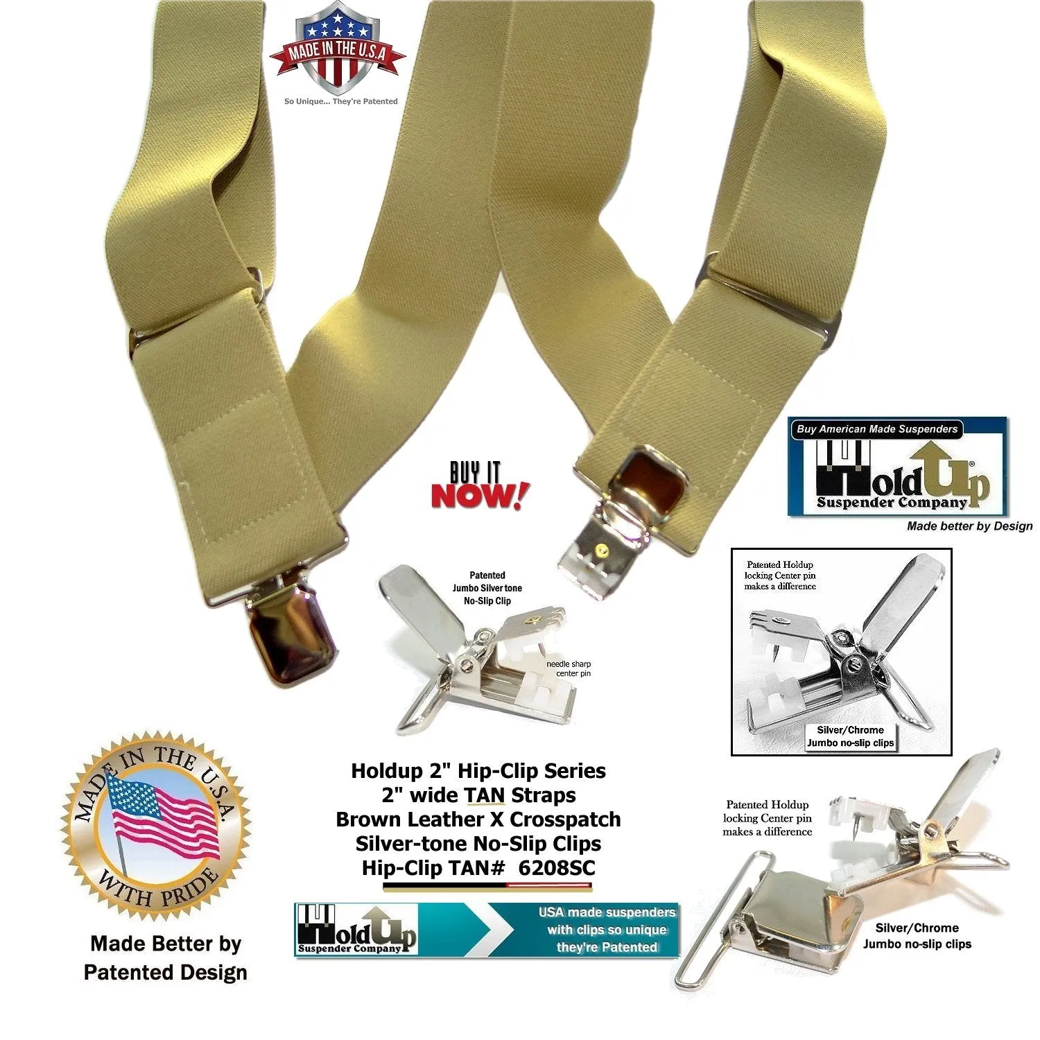 Holdup Brand Light TAN Trucker Style 2" Wide Hip-Clip Suspenders with jumbo Patented No-slip Clips