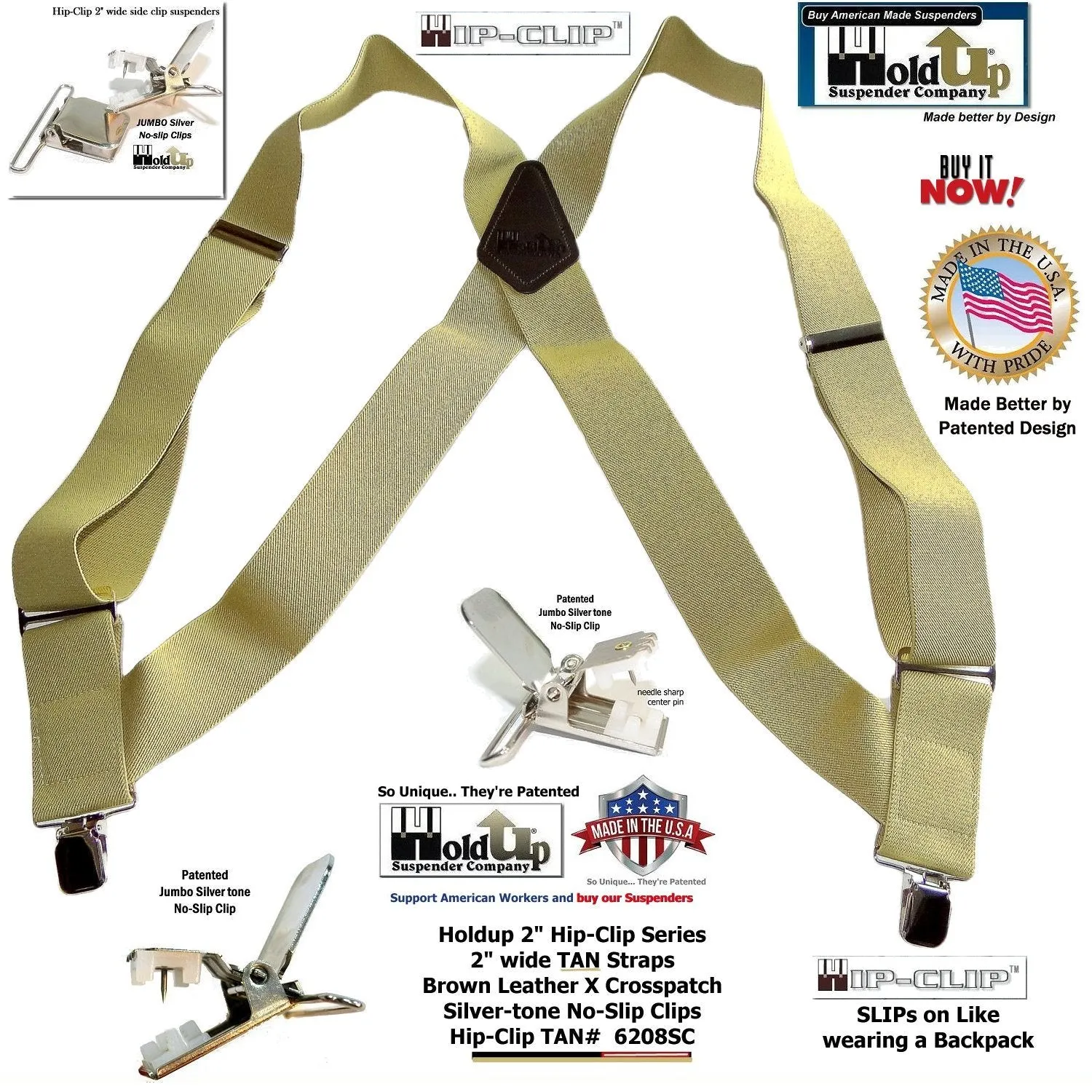 Holdup Brand Light TAN Trucker Style 2" Wide Hip-Clip Suspenders with jumbo Patented No-slip Clips