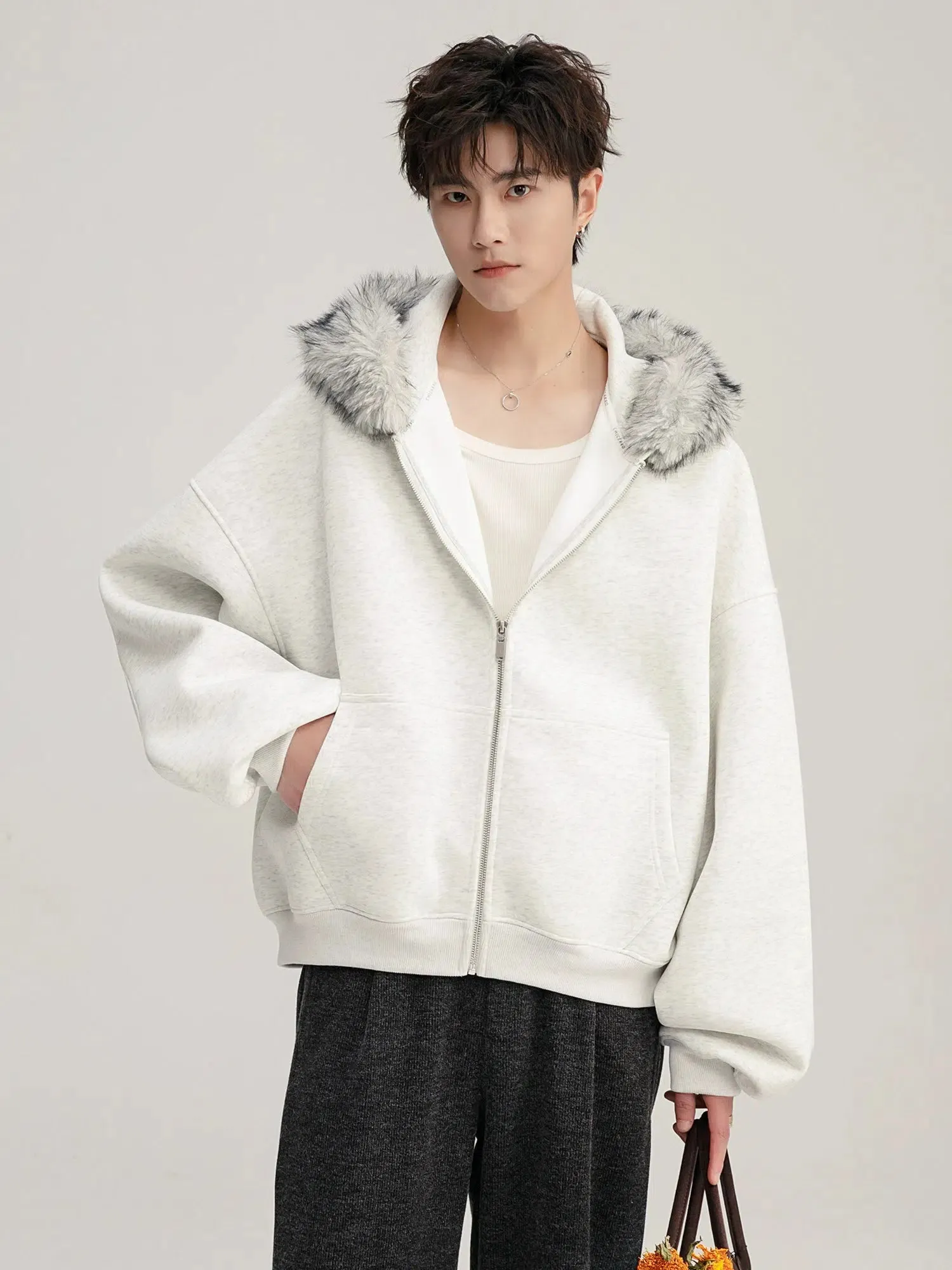 Hooded Fur Collar Zipper Cardigan