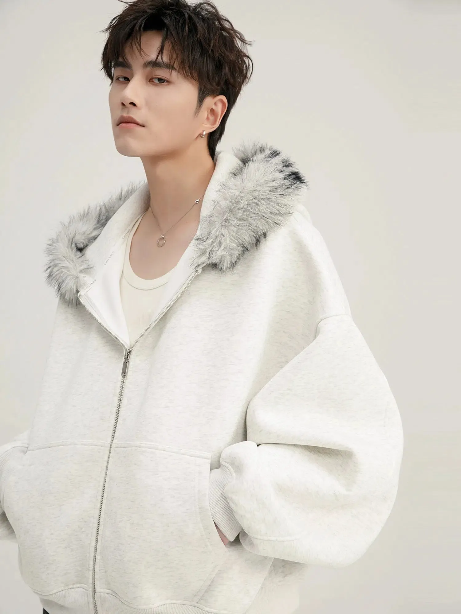 Hooded Fur Collar Zipper Cardigan