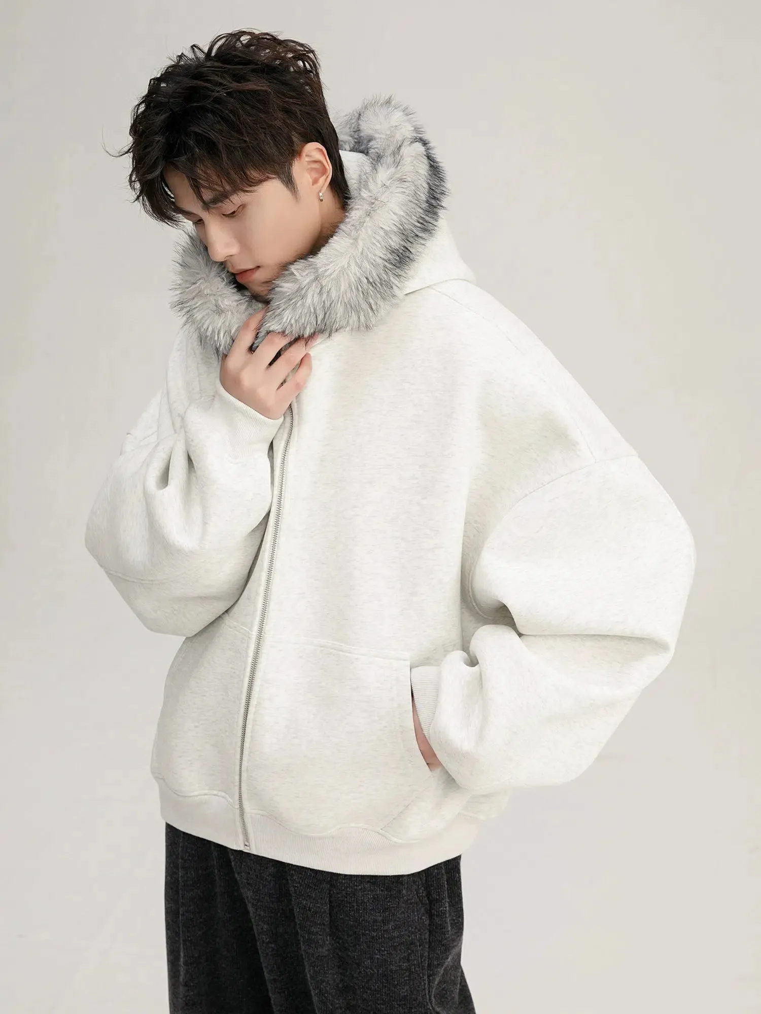 Hooded Fur Collar Zipper Cardigan