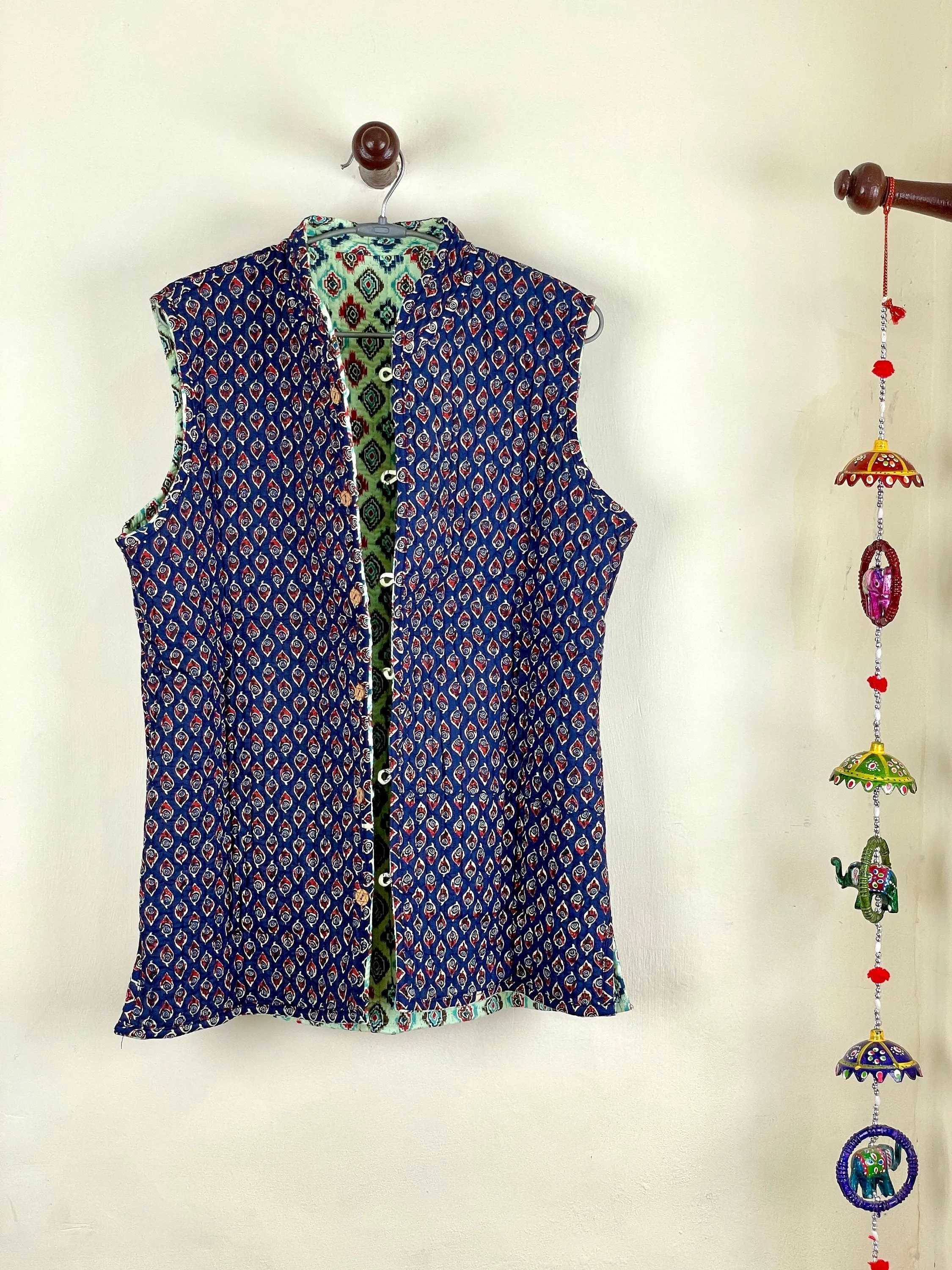 Indian Handmade Quilted Cotton Fabric Jacket Stylish Green & Blue Women's Sleeveless Vest, Reversible Waistcoat for Her