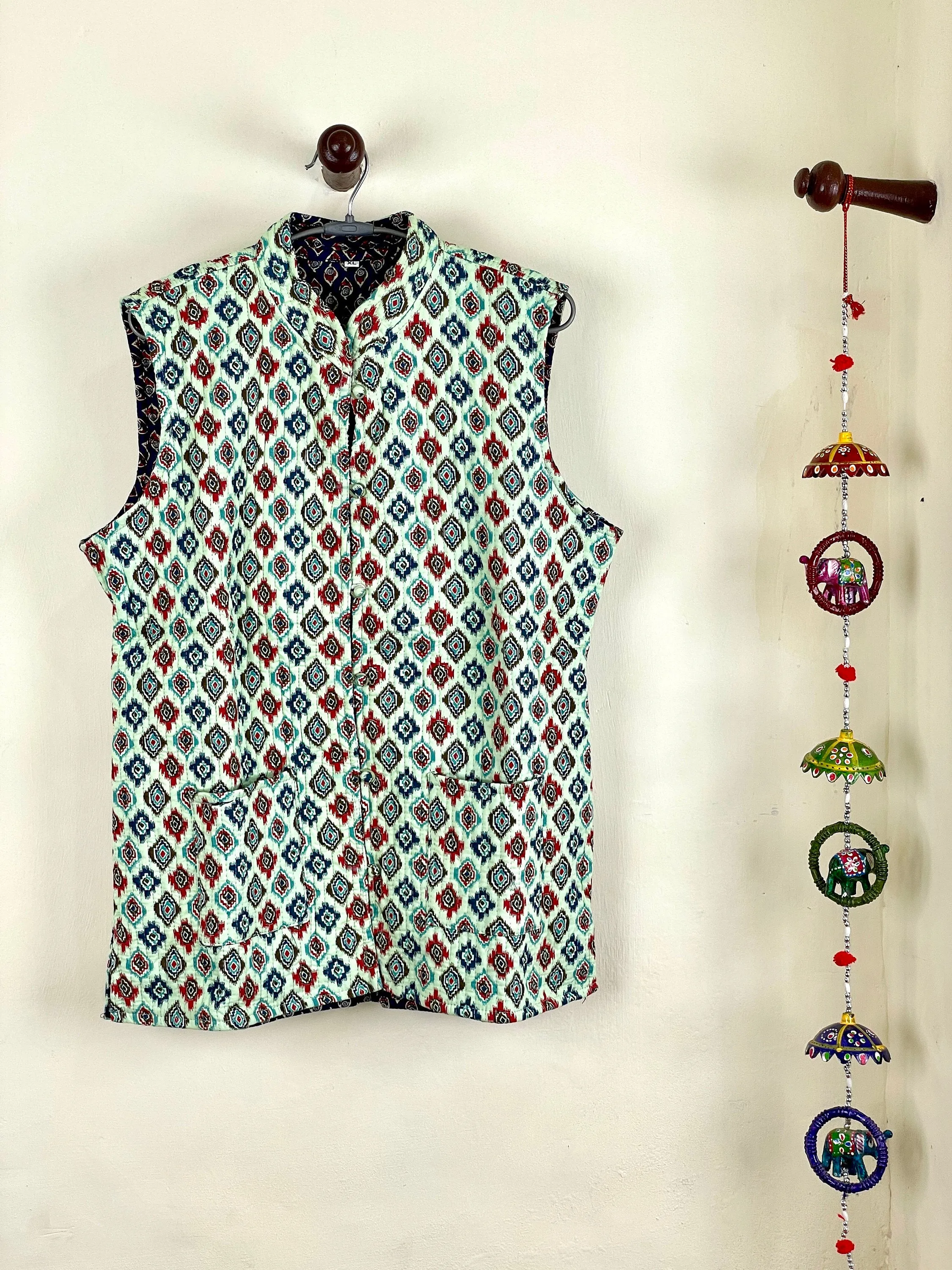 Indian Handmade Quilted Cotton Fabric Jacket Stylish Green & Blue Women's Sleeveless Vest, Reversible Waistcoat for Her