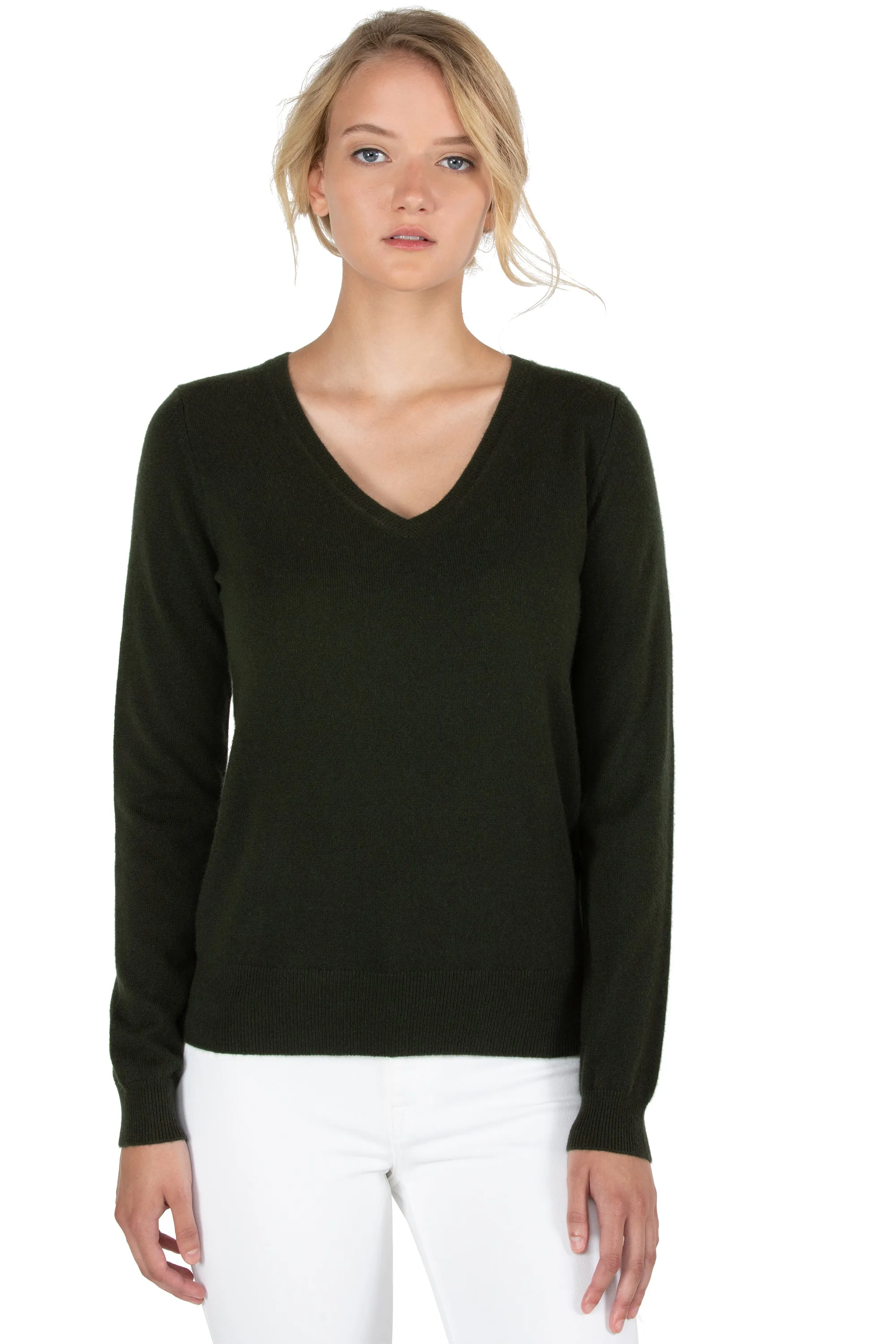 JENNIE LIU Women's 100% Pure Cashmere Long Sleeve Pullover V Neck Sweater