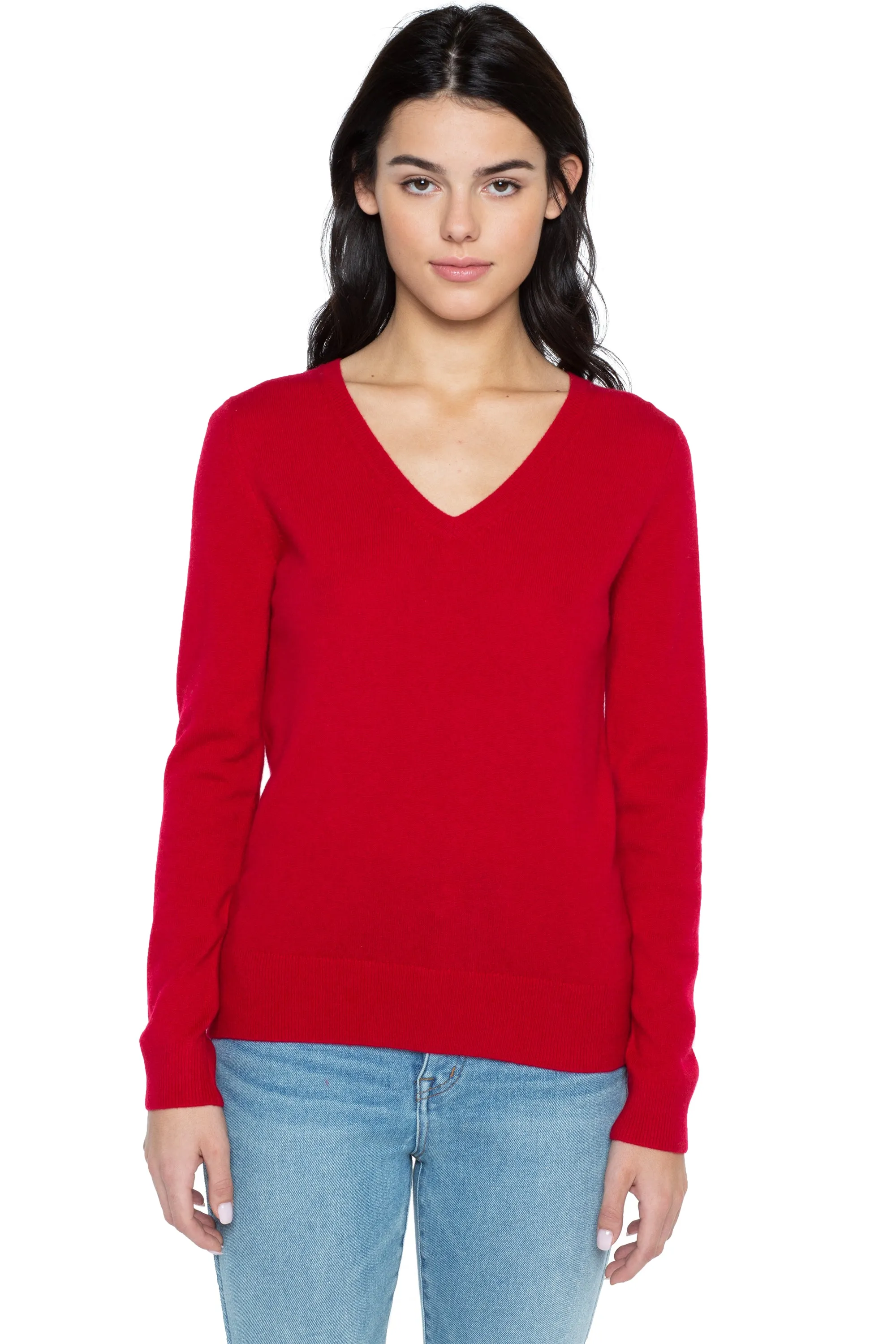 JENNIE LIU Women's 100% Pure Cashmere Long Sleeve Pullover V Neck Sweater