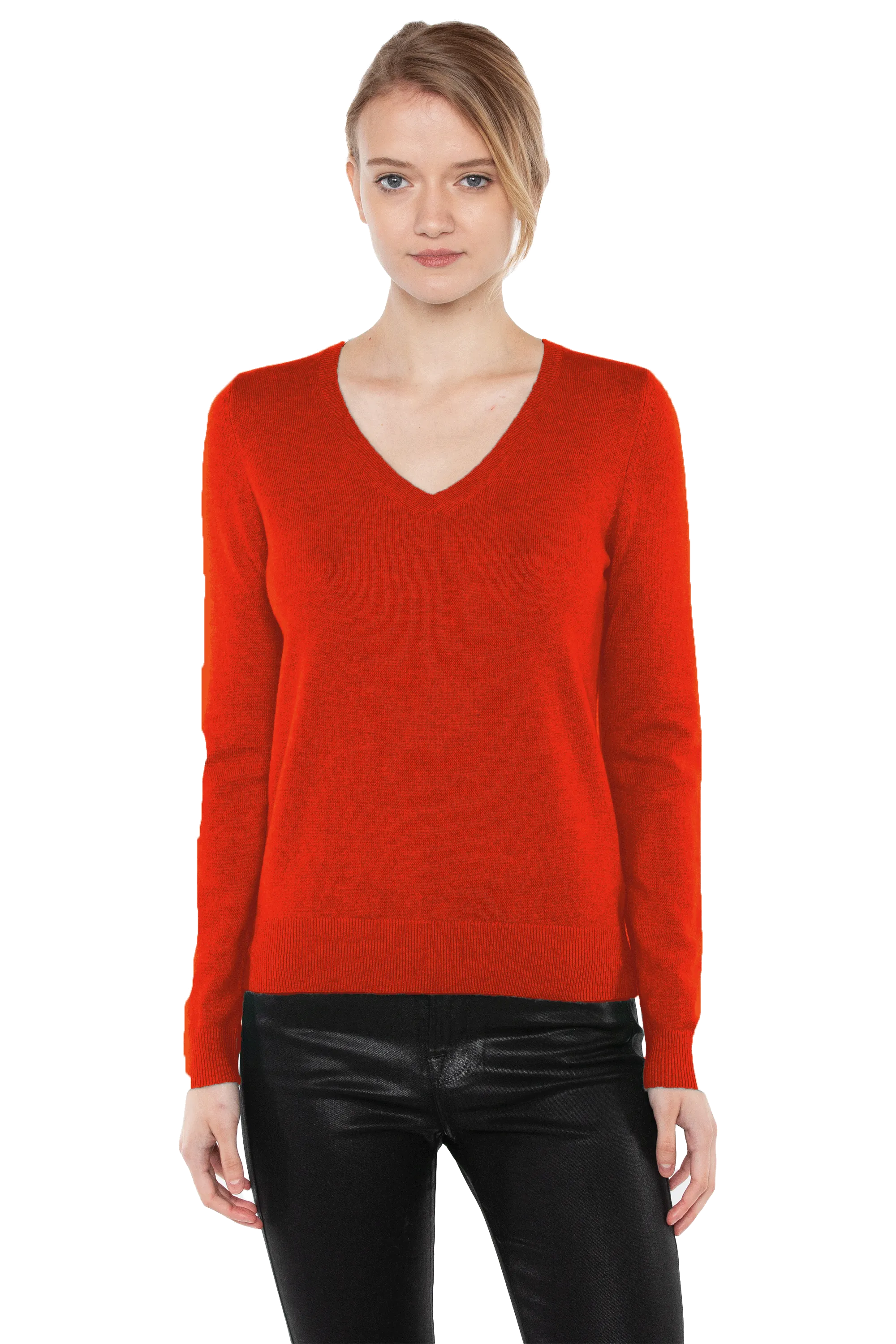 JENNIE LIU Women's 100% Pure Cashmere Long Sleeve Pullover V Neck Sweater