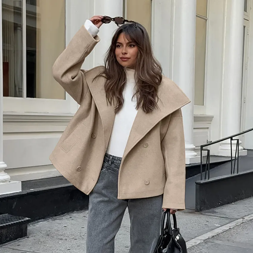 Joskaa 2000s fashion Commuter French Style Khaki Woolen Coat Women's 2024 Winter High-Grade Thickened Double-Breasted Lapel Coat Women's Clothing