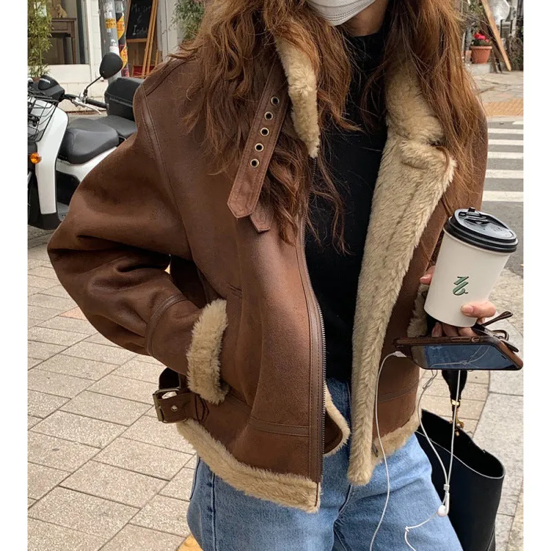 Joskaa Thickened Fur Stitching Warm Loose Lapel Zipper Coffee Brown Motorcycle Leather Coat for Women